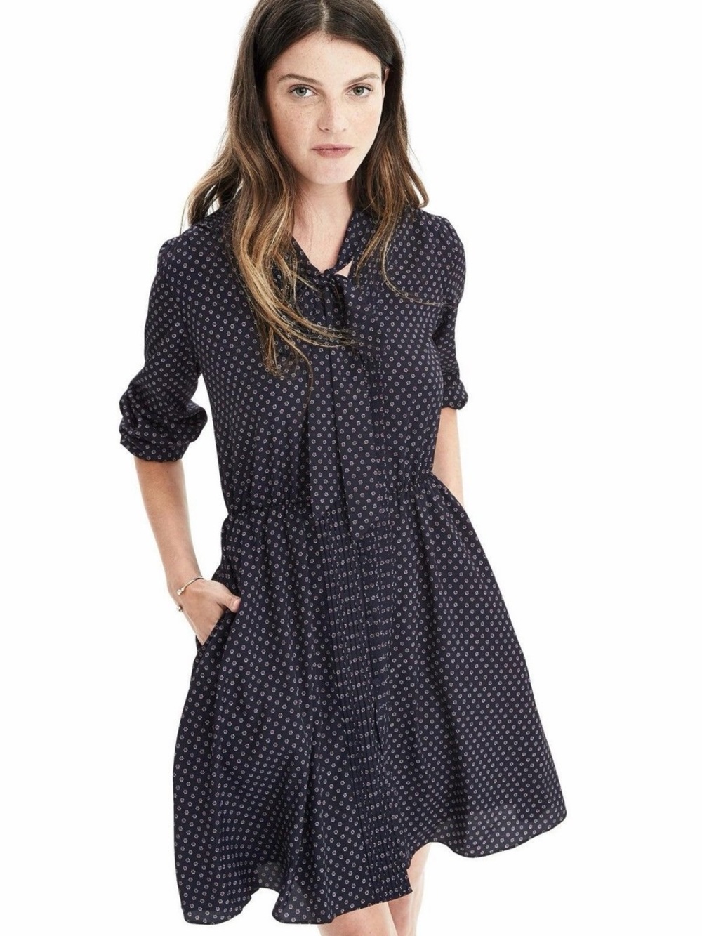 Banana Republic Petite Navy Micro Floral Tie‑Neck Long‑Sleeve Dress XSP